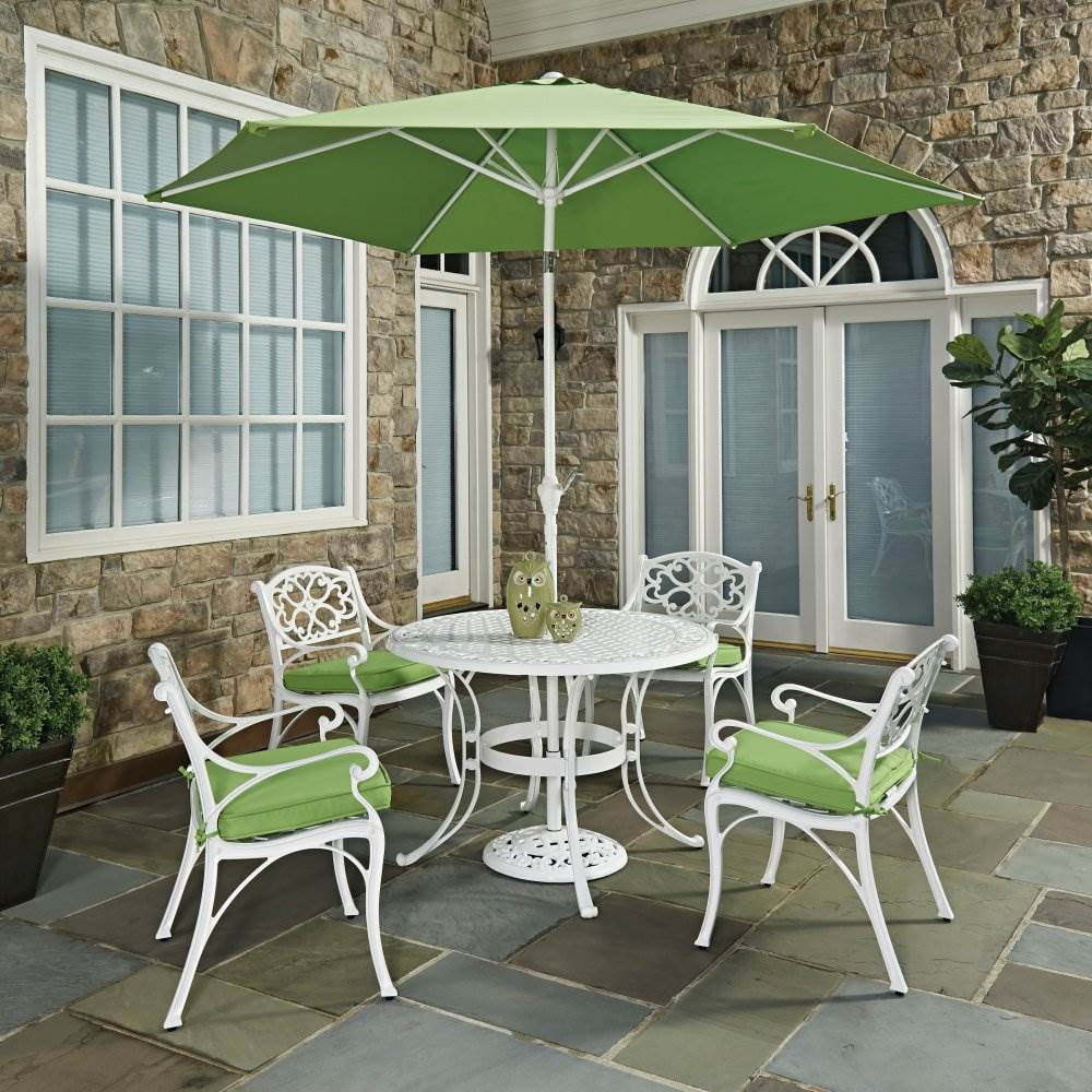 Biscayne White Round 7 Pc Outdoor Dining Table, 4 Arm Chairs with