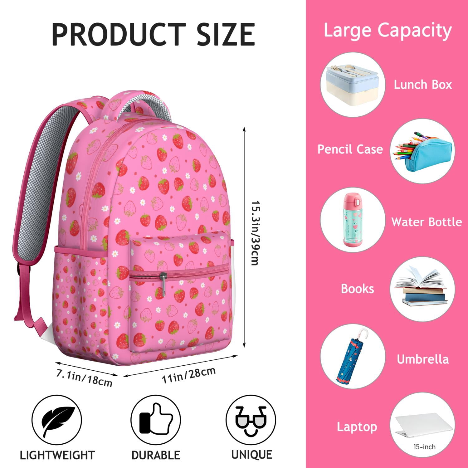 I Love Strawberries Backpack - Cute Kawaii Waterproof School Bag with Spinal Support & Breathable Comfort for Teens & College Students