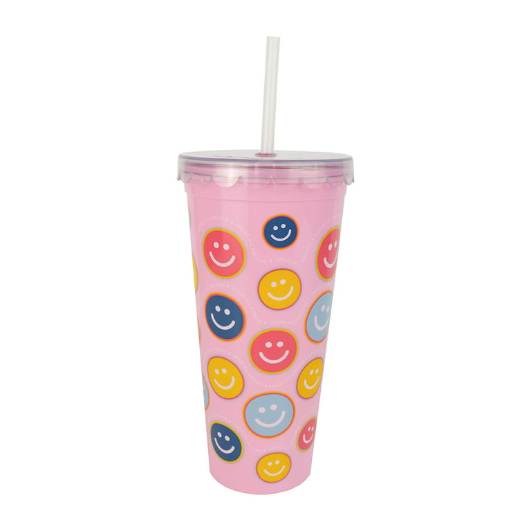Checkered Smiley Face Drinking Glass With Lid & Straw