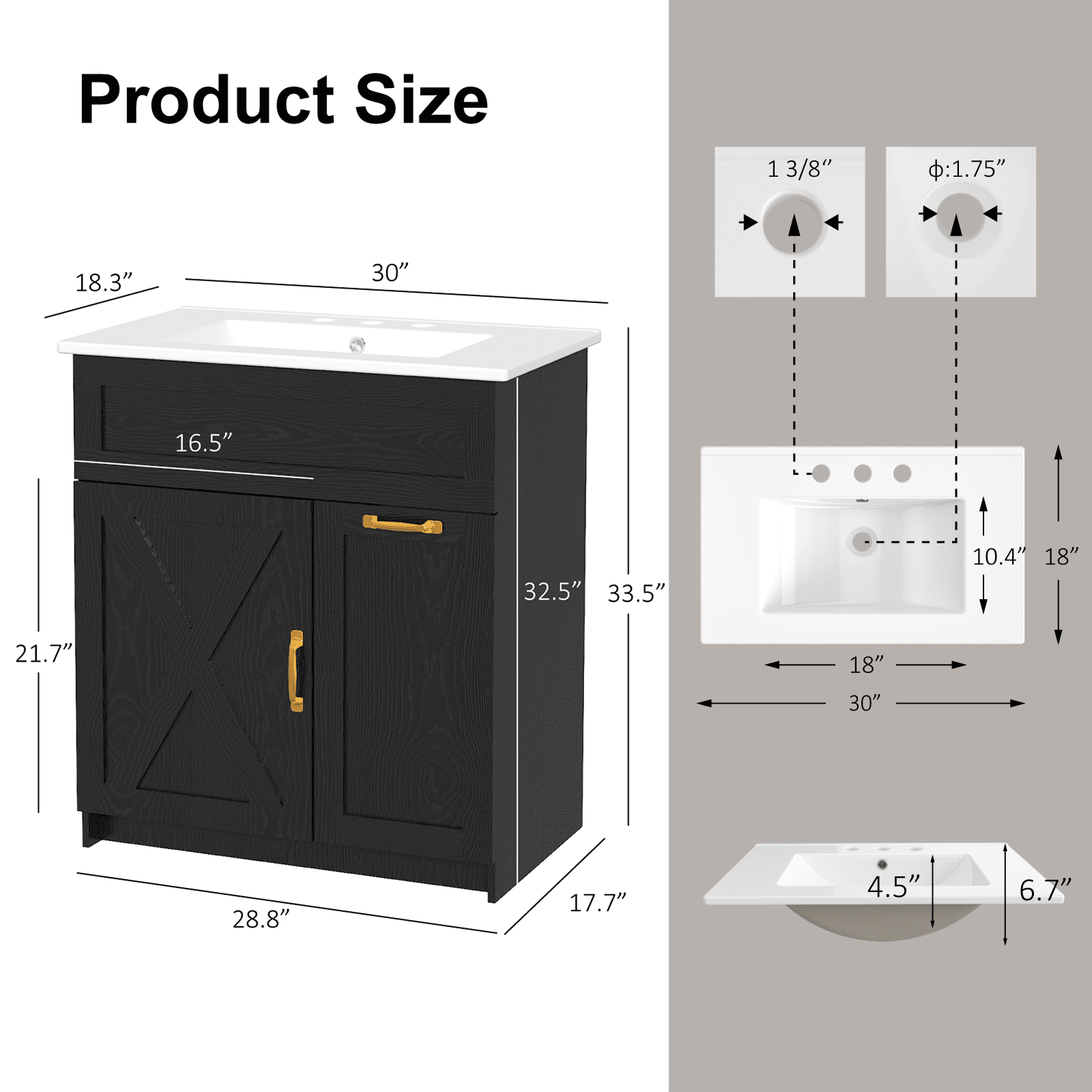 EVOKEDEN 30" Bathroom Vanity with Vintage Bathroom Cabinet Freestanding Bathroom Vanities with Metal Handle Black