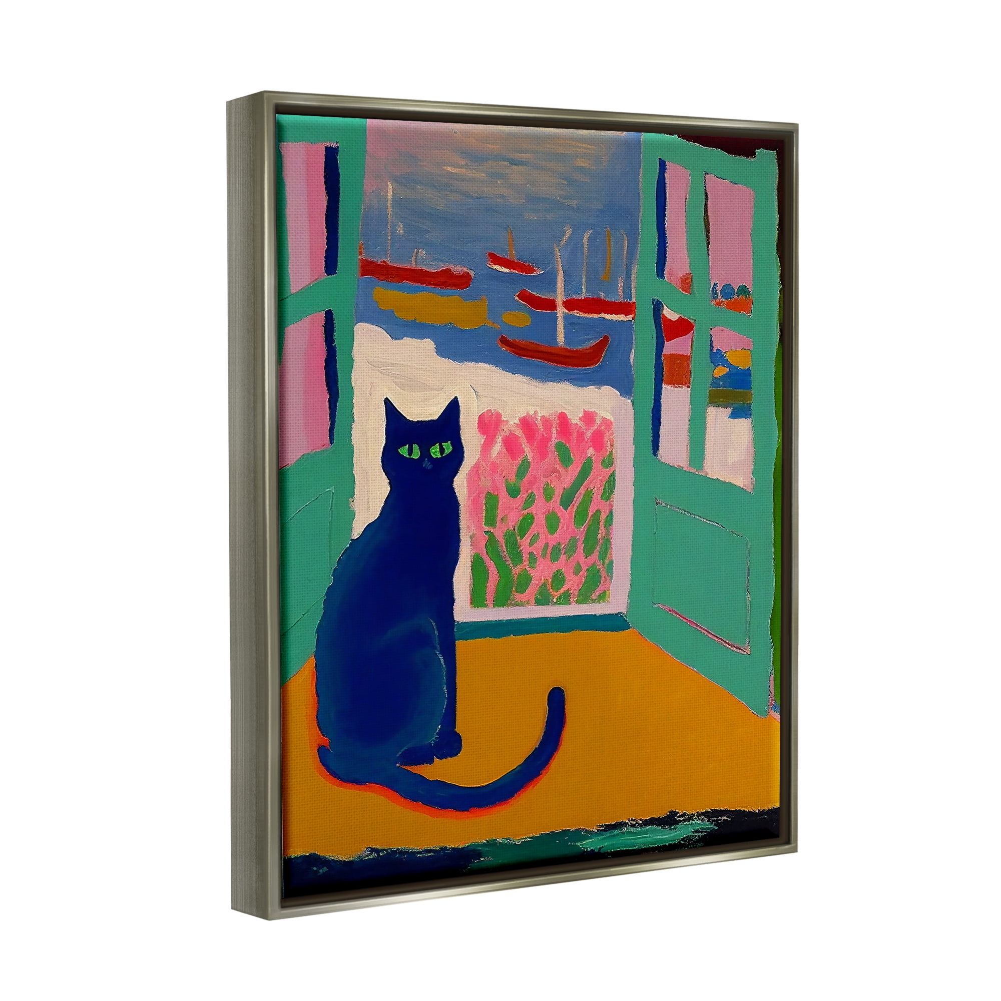 Stupell Industries Black Cat in Doorway Animals & Insects Painting Gray Floater Framed Canvas Art Print Wall Art, 25 x 31