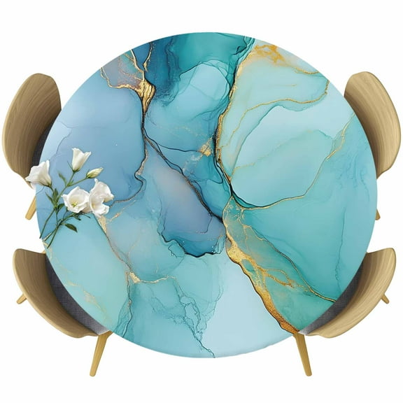 Teal Marble Round Tablecloth 45-54 Inch Round Fitted Table Cloth with Elastic Edge, Modern Abstract Ink Painting Art Luxury Waterproof Table Cover Protector for Outdoor Picnic Party Dining