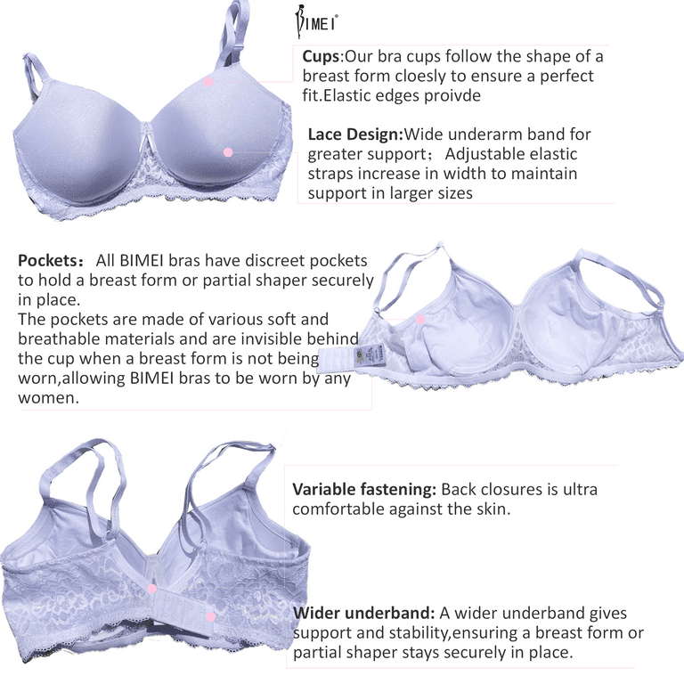 BIMEI Women's Mastectomy Bra Pockets Seamless Molded Bra Lace Contour  Post-Surgery Invisible Pockets for Breast Forms Everyday Bra 9828,White,  36B 