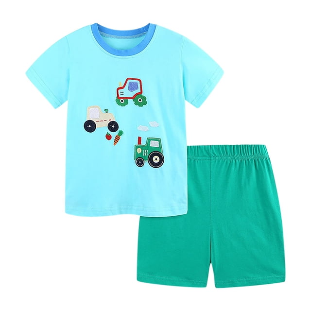 Odeerbi 2-8 Años Niños Conjuntos de Verano Camiseta de Manga Corta de Algodón Con Estampado de Coches Pantalones Cortos Conjunto de Dos Piezas Cintura Elástica Suelta