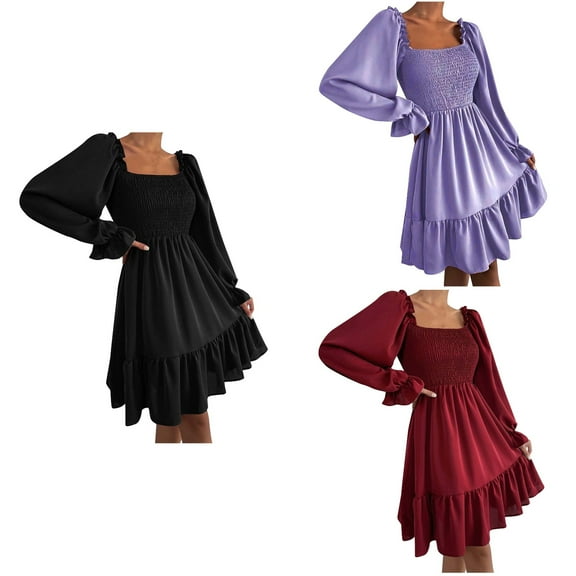 Antinious Women Formal Wedding Guest Dress Long Sleeve Neck Solid Flared Ruffled A Line Knee Lengt Dress,Birthday Dresses for Women,Women Party Dress,Black,L