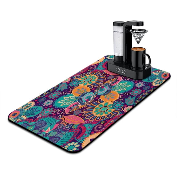 Washable Rubber Boho Style Vintage Floral Dish Drying Mats for Kitchen Counter Home Large Coffee Bar Pad Accessories and Decor for Utensils Stemware 17''x31.5''
