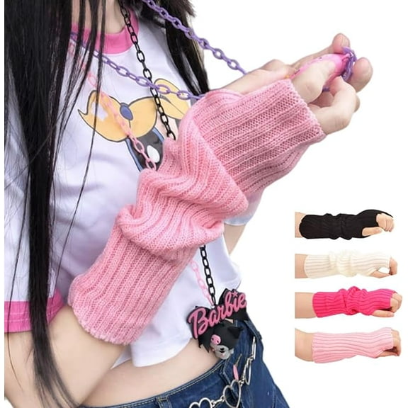 Arm Warmers for Women Girls, Fingerless Gloves Knitted Kawaii Arm Sleeves, Cute Japanese Style for Girls Costume School