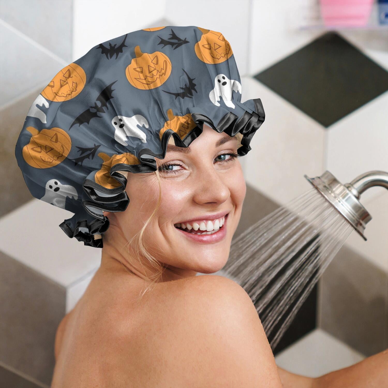 Shower Caps,Pumpkin Ghost Bat Halloween Pattern Waterproof Shower Cap for Women 4 Pieces,Double Reusable Hair Cover for Shower PEVA Elastic Stretch Hem