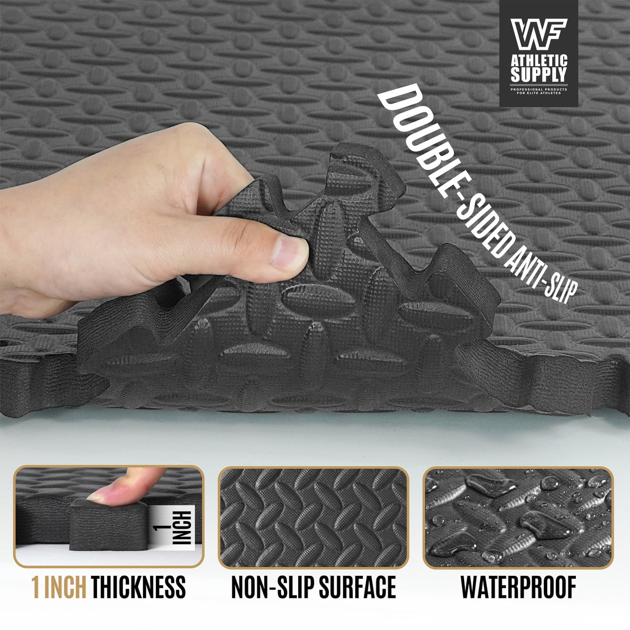 WF Athletic Supply 72 SQ.FT Diamond Pattern 1-Inch Thickness Interlocking Exercise Foam Mats, Extra Thick Eva Foam Flooring Tiles, Gym Fitness Equipment Mat, Home Protective Flooring Cushion, Black