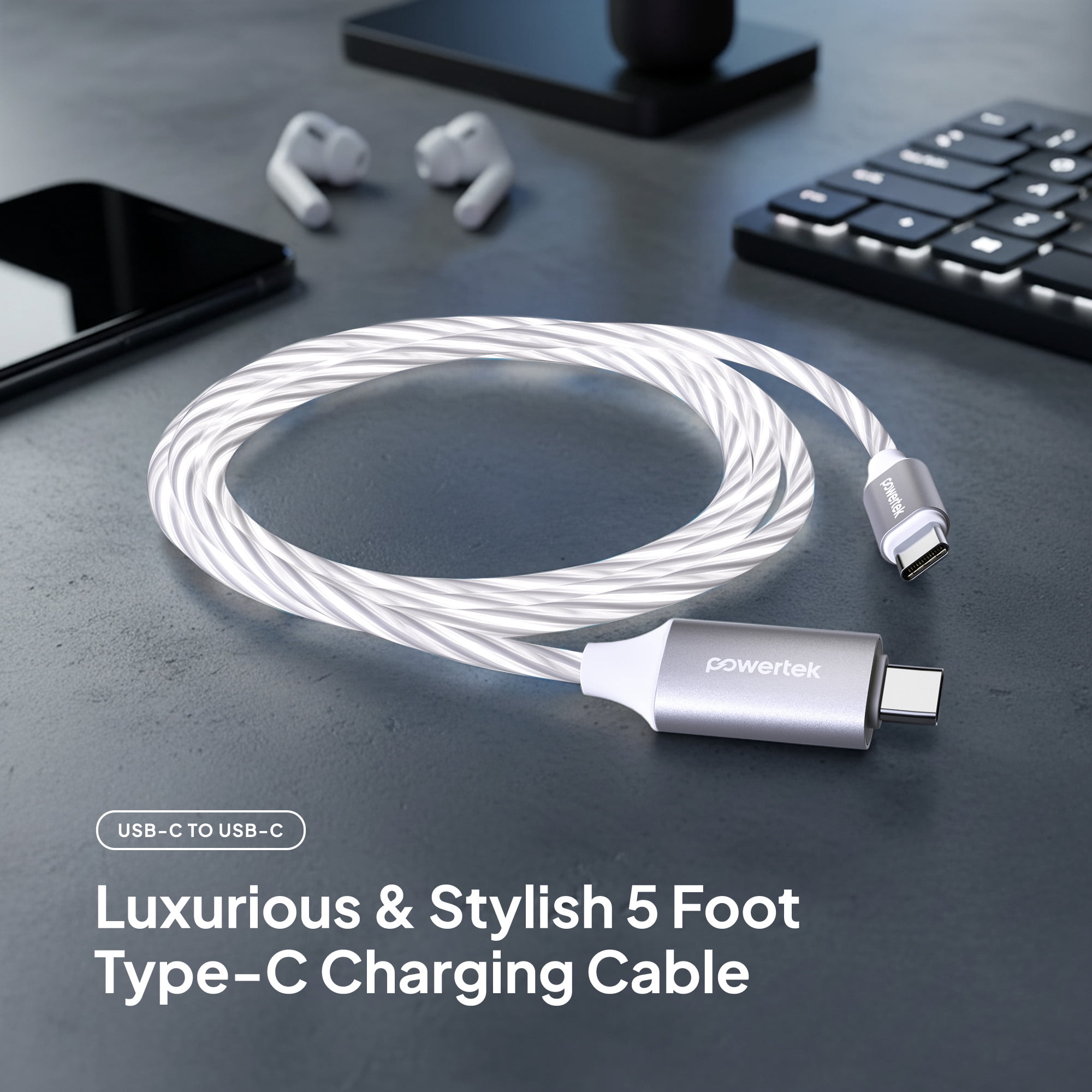 Powertek Light-Up USB-C to USB-C Fast Charging Cable, 60W, 5 ft, White
