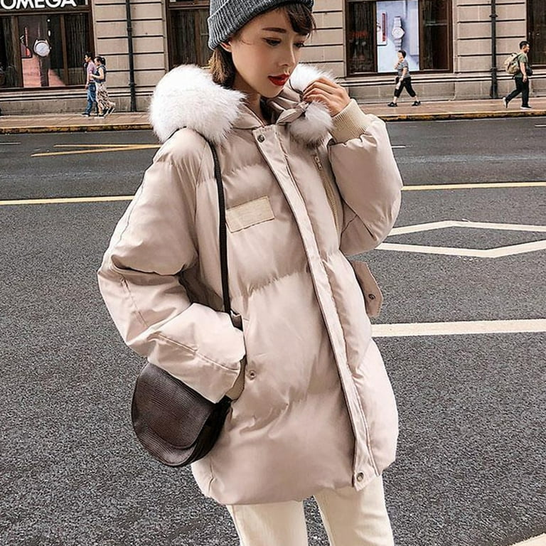 DanceeMangoo Womens Down Cotton Jacket Korean Style Elegant Furry