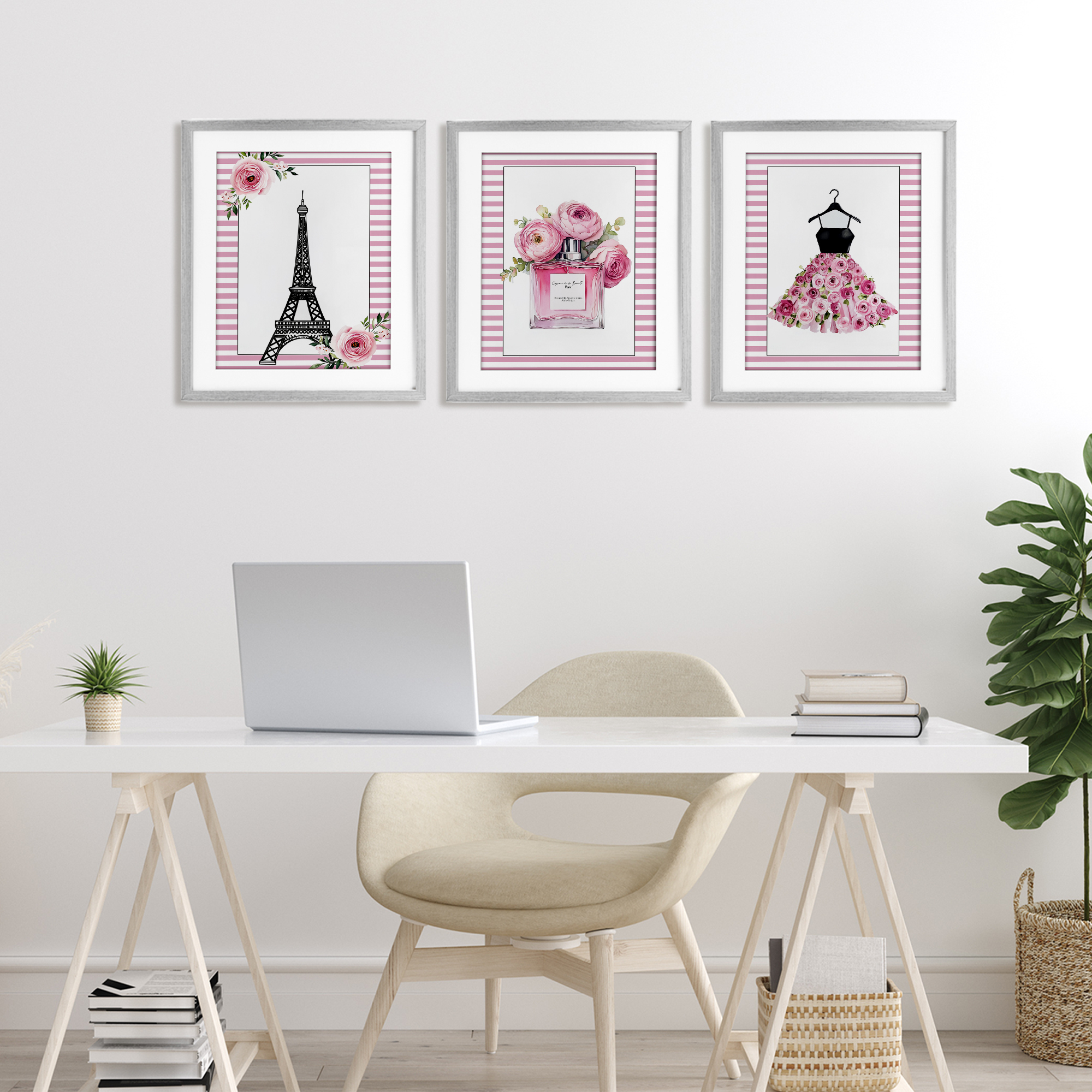 Parisian Glam with Stripes 3 Piece Gray Framed Print Under Glass Set, design by Christine Simpson Art