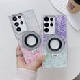 thumbnail image 2 of SaniMore Case for Samsung Galaxy S22 Ultra, Gradient Glitter Bling Backplane Magnetic Rotating Ring Stand Lens Protection Electroplated Anti-shock Anti-scratch for Girls Women, Pink, 2 of 12