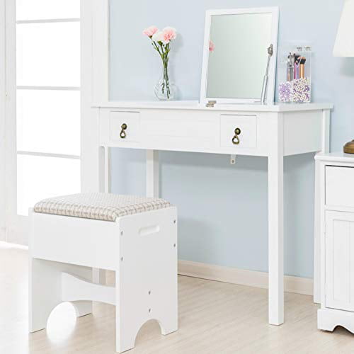 Modern Bedroom Bathroom Vanity Dressing Set Writing Desk for Girls Makeup Dressing Table Set with 2 Drawers and Storage Compartments CHARMAID Vanity Set with Large Mirror and Cushioned Storgae Stool