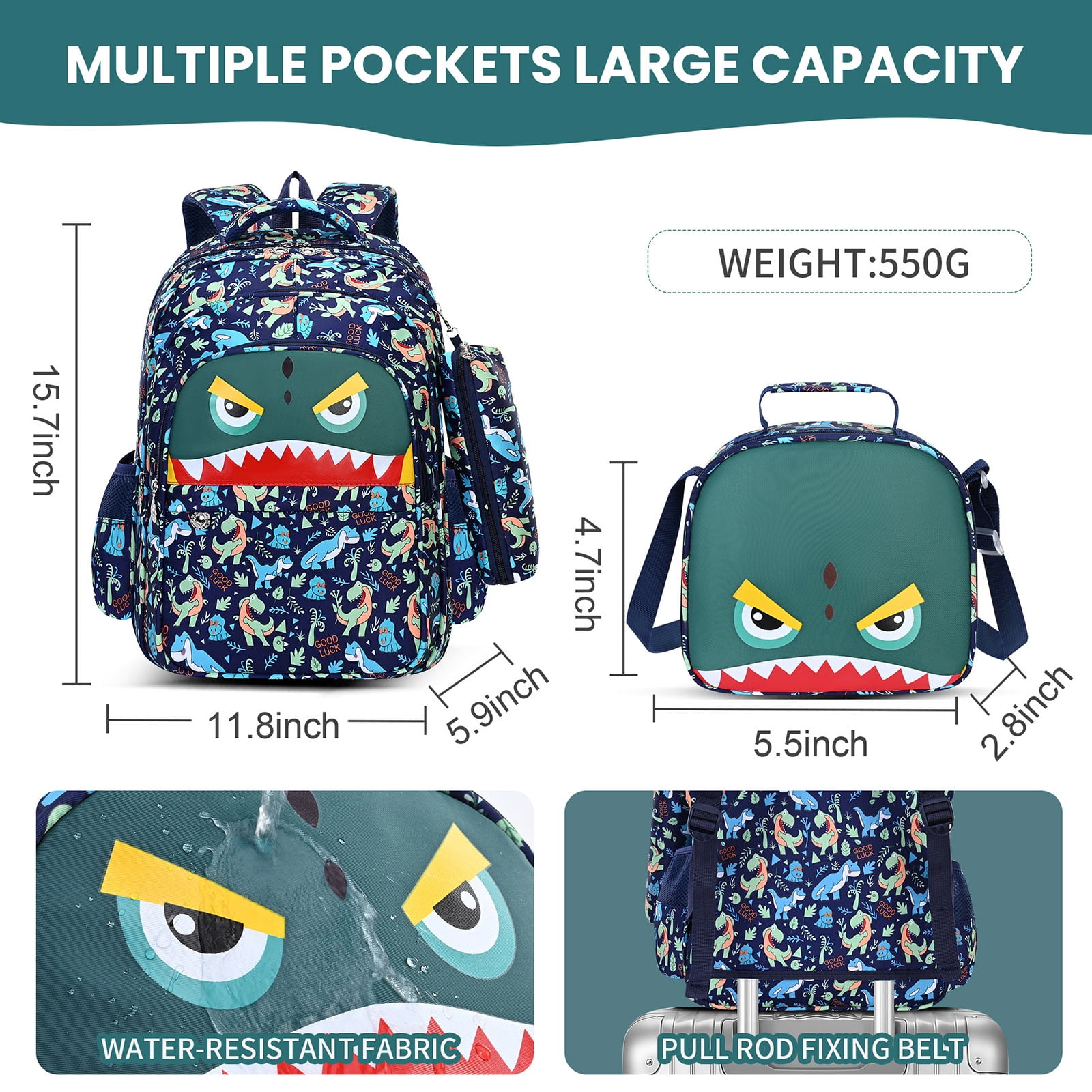 Burufy Kids School Backpack Set for Boys, 3-in-1 School Bag with Lunch Bag & Pencil Case for Primary Middle Students- Green