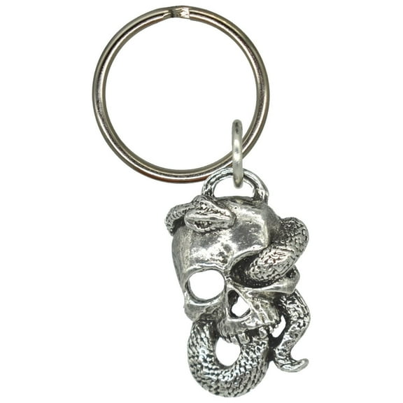 3D Skull With Snake Keychain, G136KC, 1 1/4 inch, Death, Metal, Pewter, Key Fob, Key Ring, Keys, Zipper Pull, Luggage Tag, Backpack, Over 300 Keychain Designs, Handmade in the USA, 100% American Made