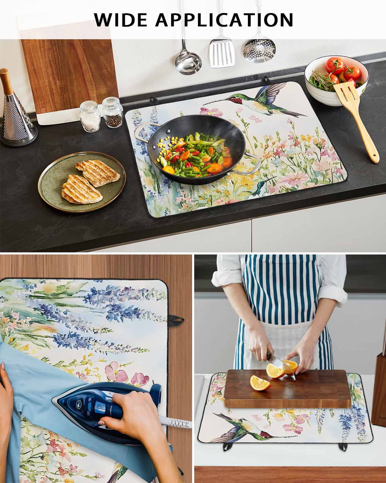 nqOlkjepod Large Induction Cooktop Protector Mat 36"x21", Floral Hummingbird Stove Top Covers for Electric Stove, Spring Watercolor Flowers Decorative Stove Burner Cover Mats, Glass Top Stove Cover