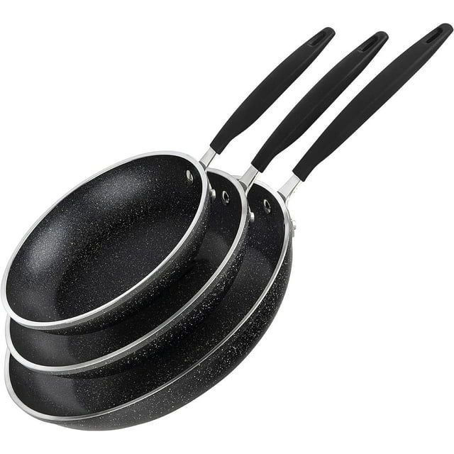 Granitestone Diamond 3-piece nonstick frying pan set with speckled interior and ergonomic black handles.