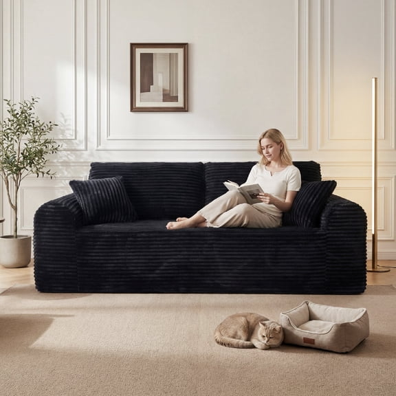 3 Seater Boneless Compressible Sofa Couch with 2 Pillow, Corduroy Cloud Sofa Couches with 26.4" Deep Seat, Comfy Floor Sofa for Living Room, Black