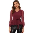 thumbnail image 1 of Top de malla de manga larga con cuello en V y dobladillo con volantes para mujer, elegante, con cinturón Rojo oscuro XS, 1 of 4