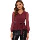 thumbnail image 1 of Top de malla de manga larga con cuello en V y dobladillo con volantes para mujer, elegante, con cinturón Rojo oscuro XS, 1 of 4