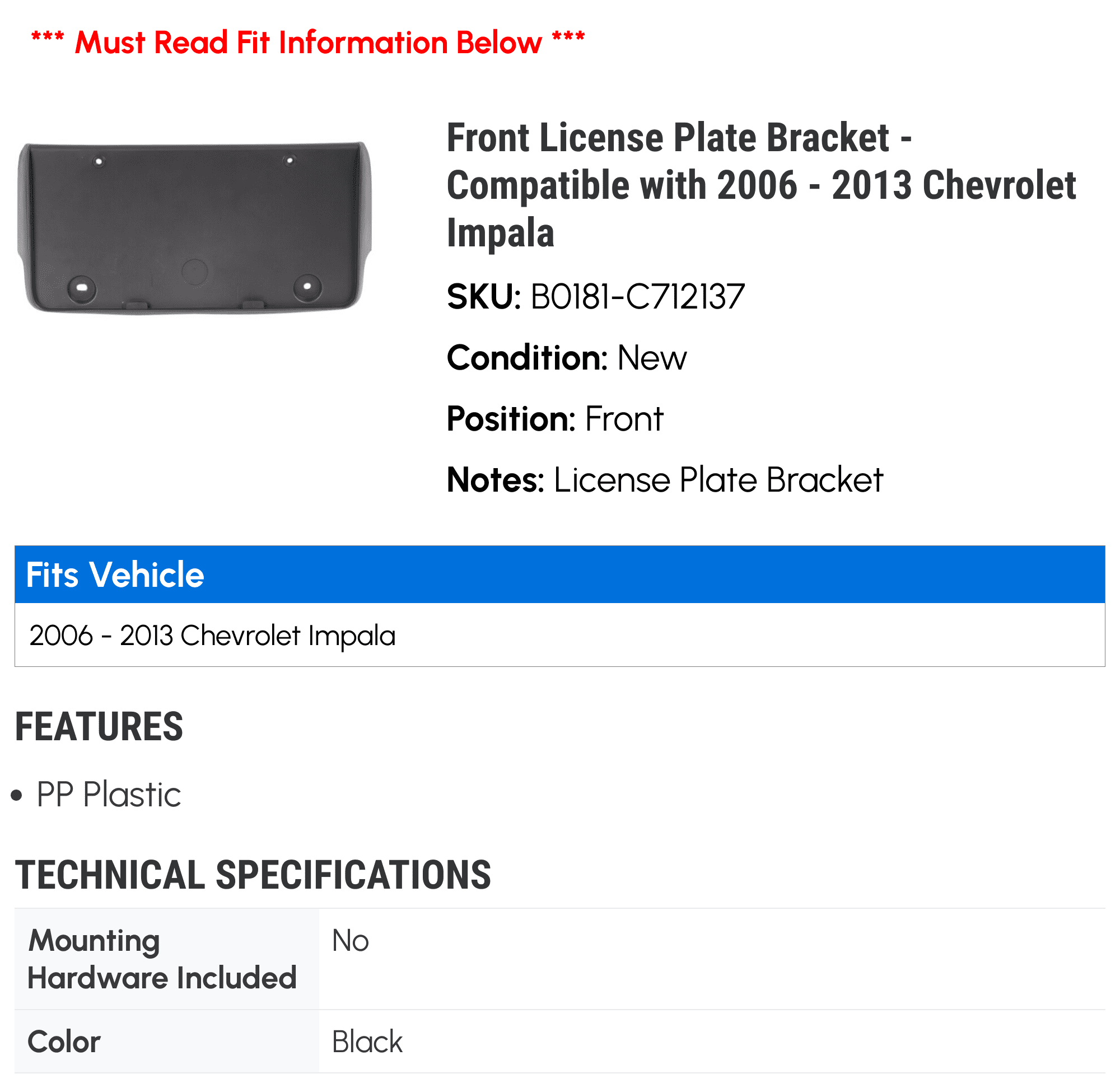 Soporte Para Placa De Matrícula Chevy Impala 2006-2013