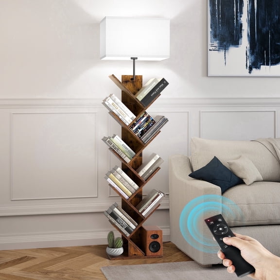 OUTONLIFE Floor Lamp with Shelf,Tree Bookcasewith Light, 9-Tier Floor Standing Bookcase for Living Room Bedroom, Office, Brown