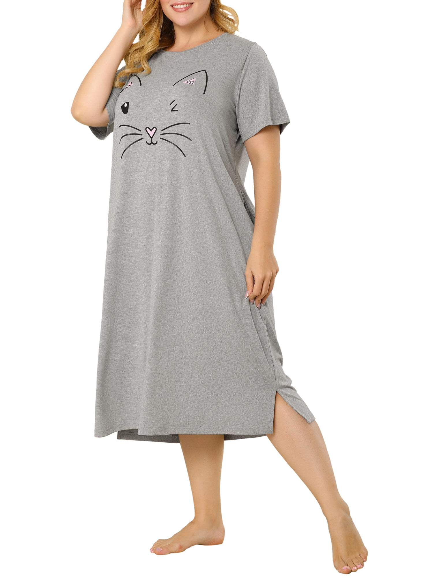 Unique Bargains Women's Plus Nightgown Short Sleeve Cat Print Nightshirt