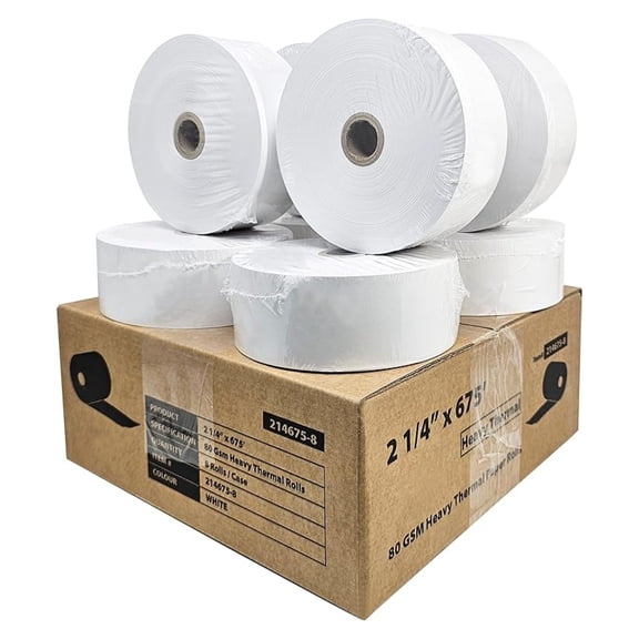 (8 Rolls) 2 1/4" x 675' Heavy Weight ATM Paper Rolls, 8 Rolls/Case, 80 GSM BPA Free ATM Machines Thermal Paper Rolls G2500 GT3000 Tranax MB 1700 1705 GenMega Tranax -