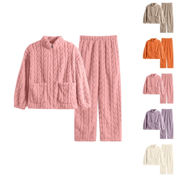 NominalSnug Flannel Pajamas for Women Sets Full Zip up Fuzzy Fleece Cardigans Wide Legh Pants Winter Thicken Warm Lounge Sleepwear 2 Piece