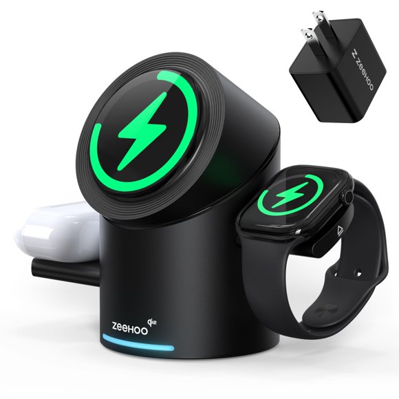 ZEEHOO Station de Recharge 3 en 1 pour Appareils Apple, Support de Chargeur MagSafe, Chargeur Sans Fil Qi2 15 W à Rotation Automatique pour iPhone 17 Séries 16/15/14/13/12&