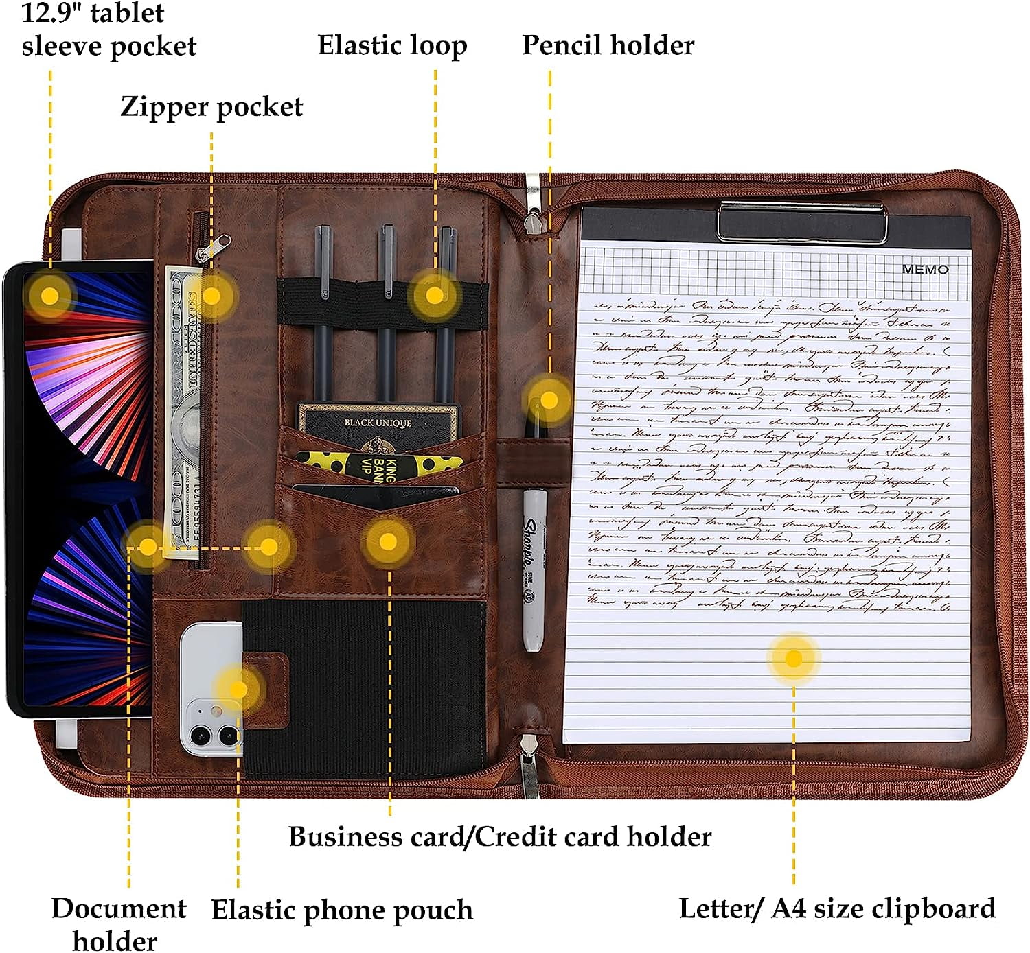 ProCase Portfolio Binder, Leather Padfolio File Folder Zipper Notepad Business Legal Document Holder with Tablet Sleeve, Phone Pouch, Card Organizer, Writing Pad -Brown