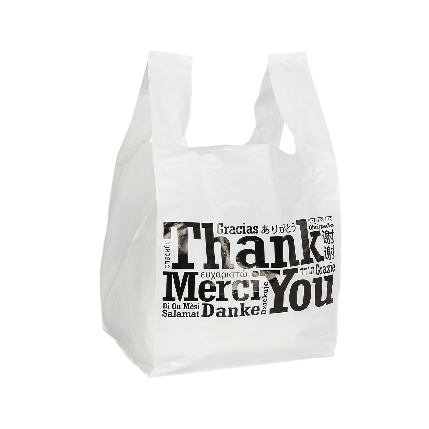 Case of 250 Royal Recyclable Plastic Shopping Bags with Flat Bottoms MultilingualThank You Design 11.5 x 10.5 x 19 Inches 