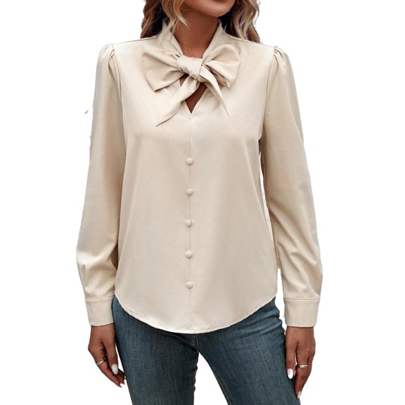 Elegant Plain Top Tie Neck Beige Long Sleeve Women's Blouses S (4)