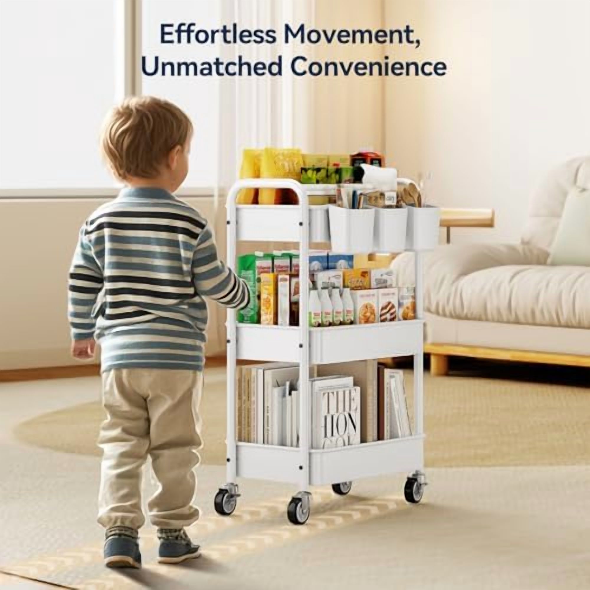 Metal 3 Tier Rolling Cart - Heavy Duty Utility Cart with Lockable Wheels, Hanging Cups, Hooks, Mesh Rolling Storage Cart Craft Cart Organizer, Lightweight and Sturdy, White