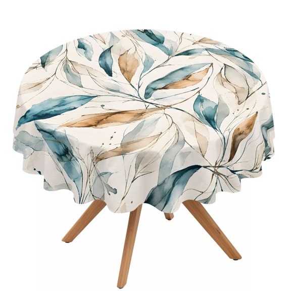 Watercolor Leaf Round Tablecloth 54 inches Green Beige Tropical Leaves Botanical Rustic Country Waterproof Oil-Proof Table Cloth Round Table Cover for Holiday Party Picnic Dinner Decor