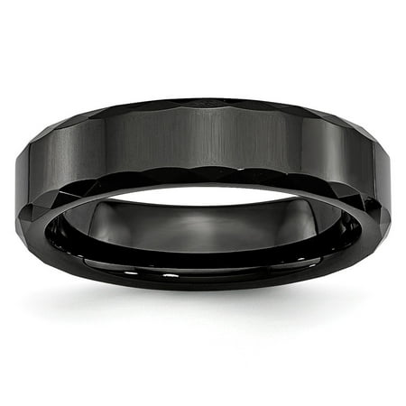 Faceted Black Ceramic Ring - Ceramic Black Faceted Edge 6mm Polished Band Ring - Ring Size: 6 to 13