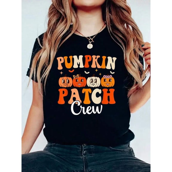 Pumpkin Patch Team Groovy Fall Halloween T-Shirt Graphic Tees Tops For Women, Fall Casual Outfit, Halloween Party Apparel