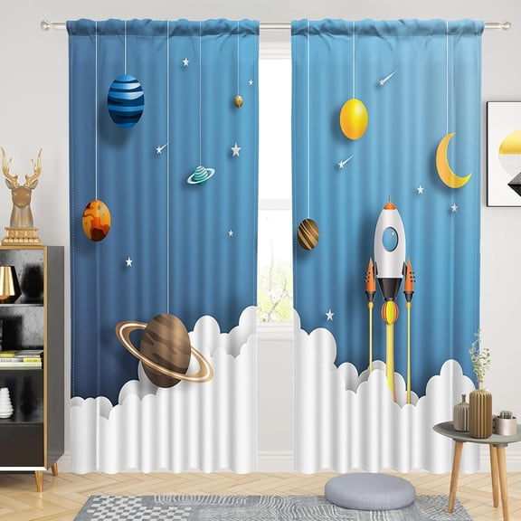 42 x 63 Inch Kids Space Curtains for Boys Room Cartoon Universe Galaxy Space Planet Rocket Curtain Boys Kids Light Filtering Window Drapery Treatments for Bedroom Decor Nursery 2 Panels