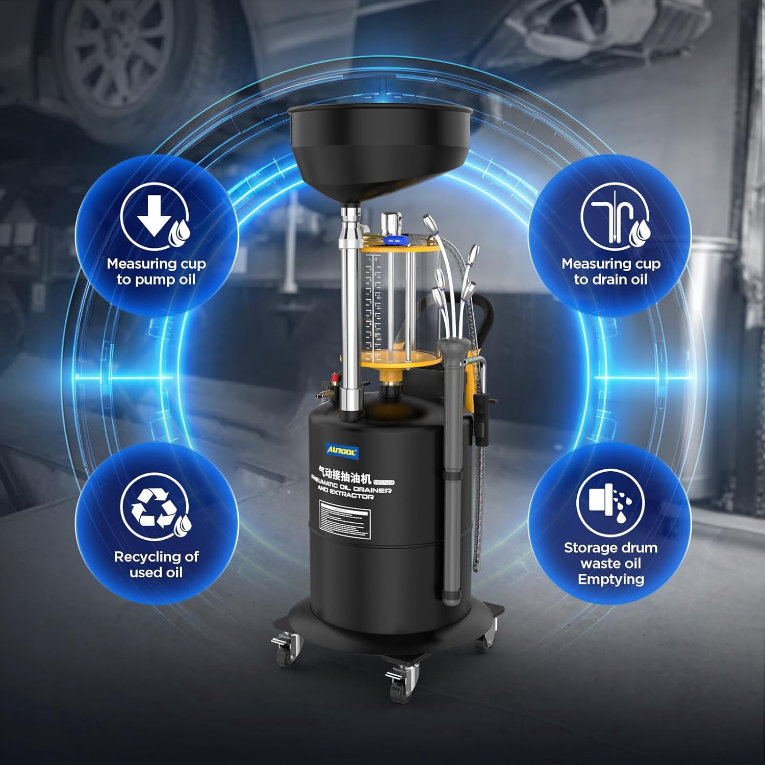 AUTOOL OD720 18.5 Gallon Pneumatic Oil Drainer and Extractor Vacuum Oil Change Tank with Large Capacity Measuring Cup and 5 Evacuation Wands