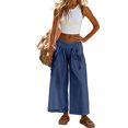 thumbnail image 5 of Women's Loose Wide Leg Track Pants Drawstring Pockets Elastic Waist Capri Casual Summer Hiking Pants Navy S, 5 of 6