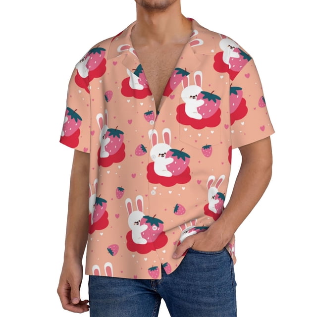 Fotbe Bunny And Strawberry Camisa Estampada de Manga Corta para Hombre, Casual de Verano, Estilo Playero, Sin Arrugas-Small