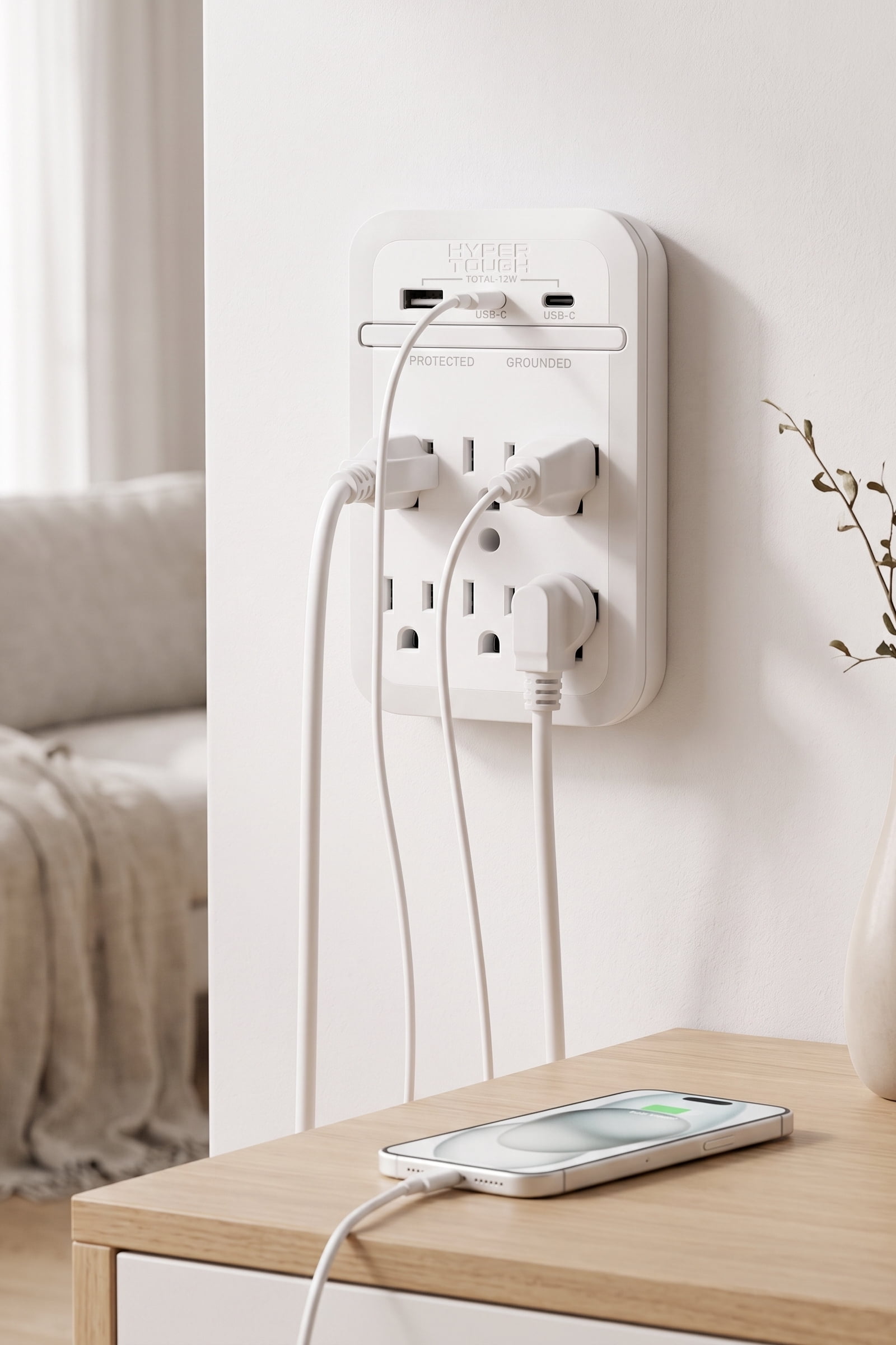 Hyper Tough Electrical USB Outlet Extender With 6 Outlet, USB Ports and Surge Protector