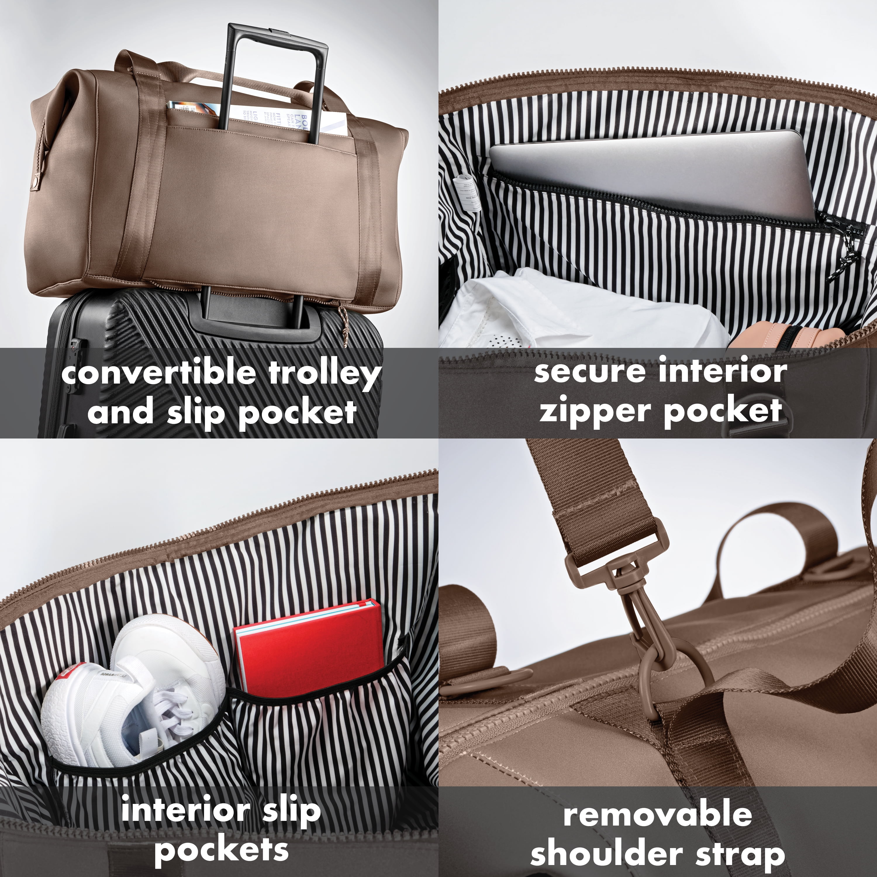 Fit & Fresh Premium Neoprene Weekender Bag, Travel Bag Trolley Sleeve, Carry on Duffel Bags, Taupe