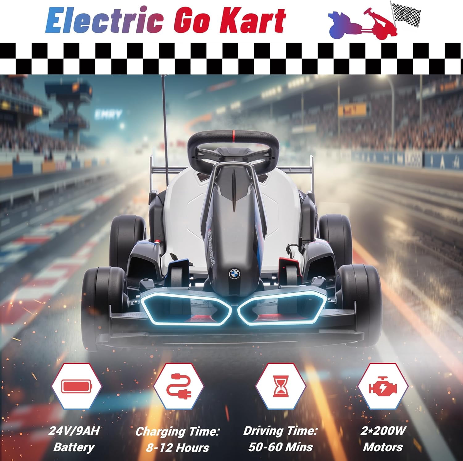 Licensed BMW Electric Go Kart for Kids 6-12, 24V 9AH Drift Kart Ride on Toys, Dual 200W Motors, Adjustable Seat, Drift Mode, 2 Speed, LED Lights