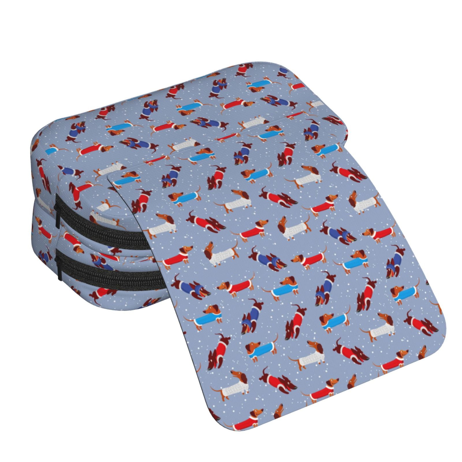 Rateoe winter Dachshund Pattern Double Clamshell Pen Case, Storage Organizer with Two Zipper Compartments– Holds Up to 50 Pencils & Pens