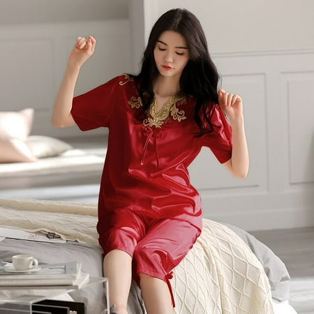 

QWZNDZGR Summer Big M-4XL Ladies CAPRIS Female Faux Silk Pajama Sets Pyjamas Women s Loungewear Pijama Mujer Satin Nightwear Sleepwear