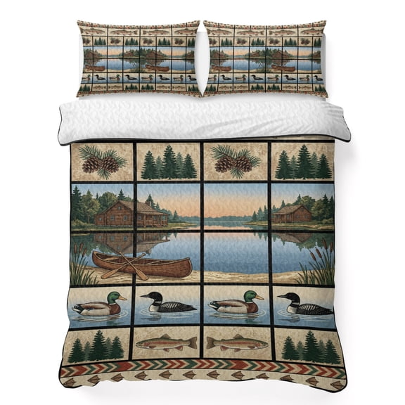 Quilts King Size Bedding Set, Farmhouse Cabin Lightweight Quilted Comforter, Country Barn Duck Fish Nature Scenery Soft Reversible Bedspread Coverlet with Pillow Covers for All Season, 96" x 106"