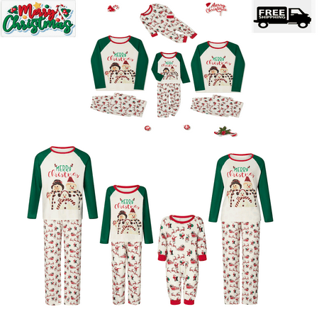 

Christmas Pajamas For Family with Snowman Letter Pattern Long Sleeve Tops and Elk Santa Print Pants Sleepwear Set