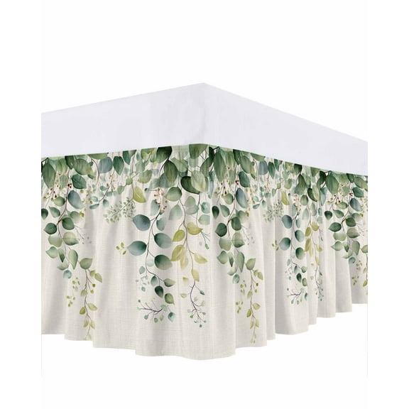 Eucalyptus Leaf Bed Skirt Queen Size 18" Drop Country Green Plant Linen Texture Ruffled Wrap Around Bed Skirts Adjustable Elastic Bedskirt Dust Ruffle for Queen Size Bed